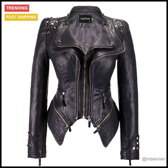 Jackets & Blazers - Faux Leather Biker Jacket Studded Moto Chic Vintage Y2K Streetwear Adjustable